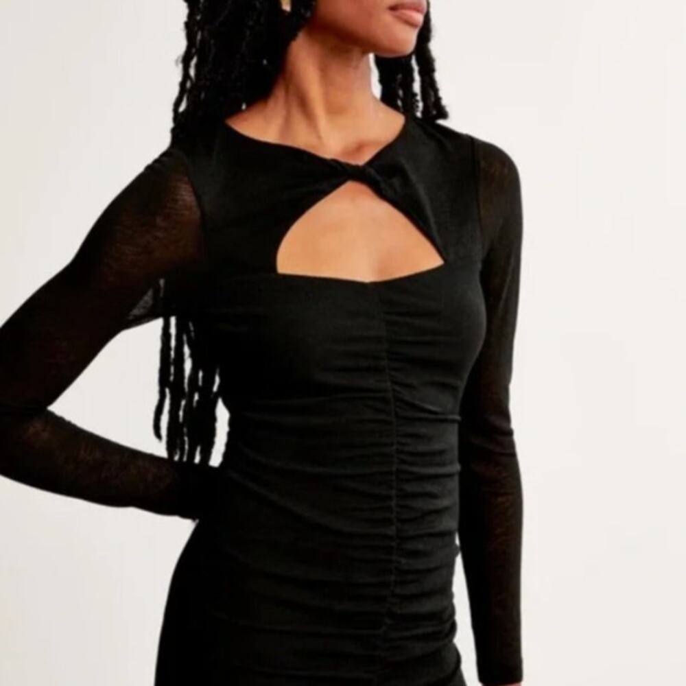 Abercrombie Black Cinched Ruched Cut Out Stretch Long Sleeve Midi Dress Small